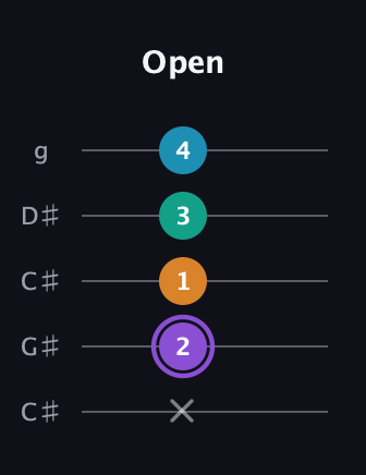 A♯ Augmented Added 13th guitar tab — Open (x 2 1 3 4) in Double C (gCGCD) · Capo 1