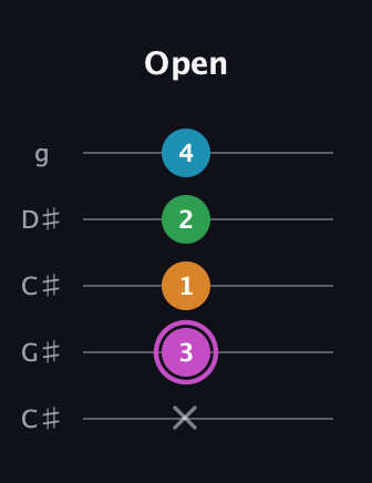 B Diminished Sharp 5th guitar tab — Open (x 3 1 2 4) in Double C (gCGCD) · Capo 1